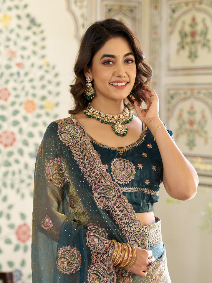 Teal Green Fendy Satin Designer Embroidered Saree with Paisley Motifs & Zari Border | Premium Festive Saree with Tassels & Heavy Embroidered Blouse