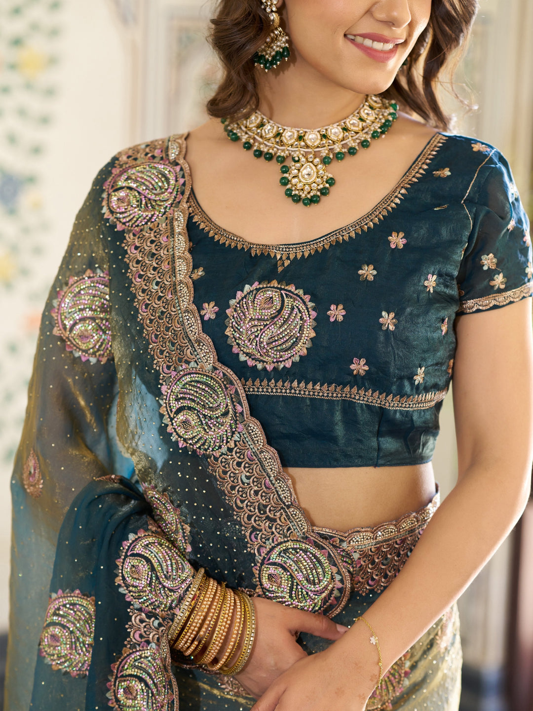 Teal Green Fendy Satin Designer Embroidered Saree with Paisley Motifs & Zari Border | Premium Festive Saree with Tassels & Heavy Embroidered Blouse