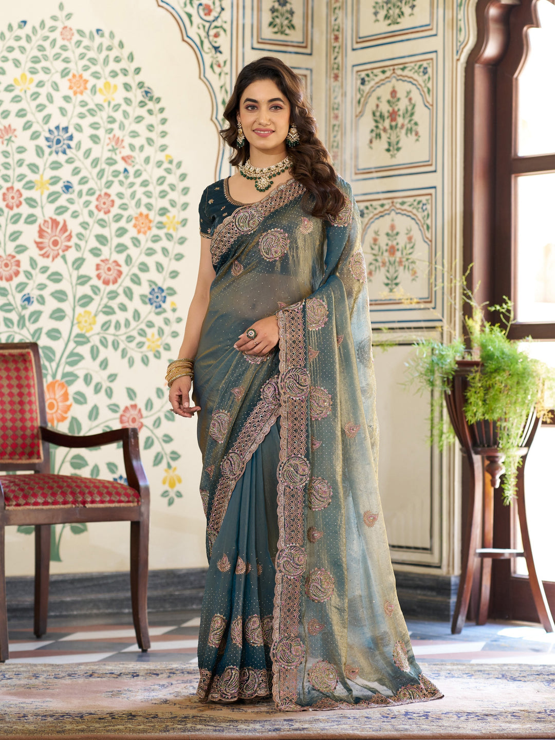Teal Green Fendy Satin Designer Embroidered Saree with Paisley Motifs & Zari Border | Premium Festive Saree with Tassels & Heavy Embroidered Blouse