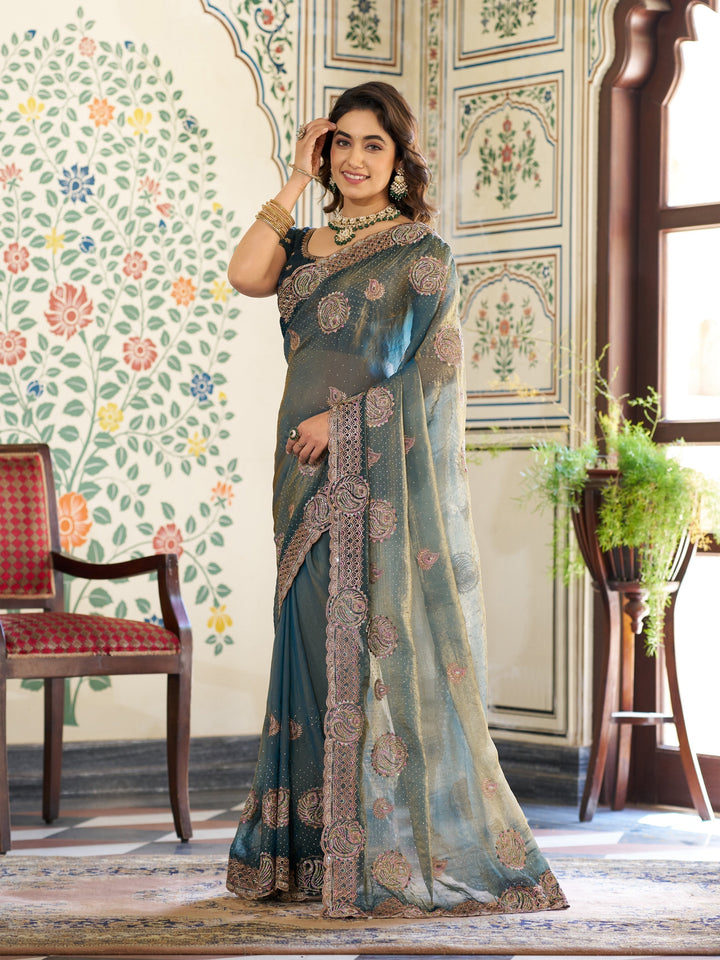 Teal Green Fendy Satin Designer Embroidered Saree with Paisley Motifs & Zari Border | Premium Festive Saree with Tassels & Heavy Embroidered Blouse