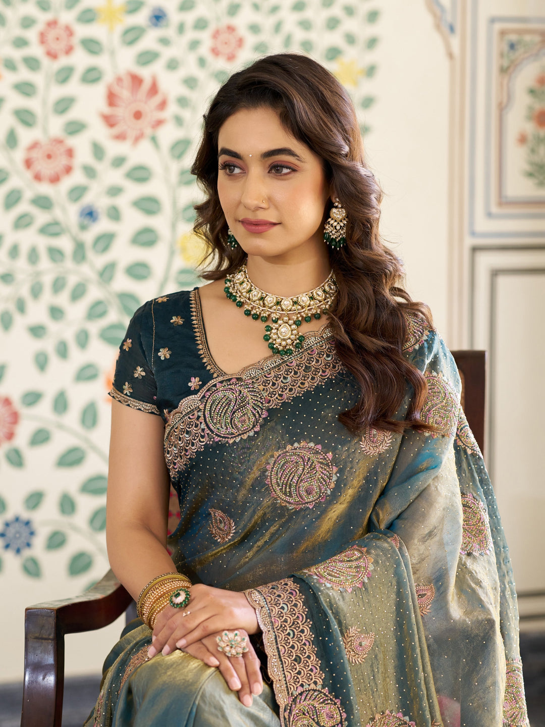Teal Green Fendy Satin Designer Embroidered Saree with Paisley Motifs & Zari Border | Premium Festive Saree with Tassels & Heavy Embroidered Blouse