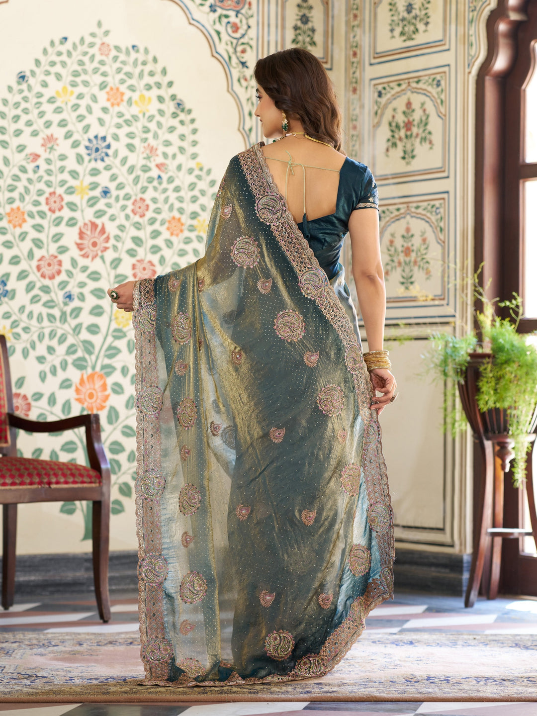 Teal Green Fendy Satin Designer Embroidered Saree with Paisley Motifs & Zari Border | Premium Festive Saree with Tassels & Heavy Embroidered Blouse