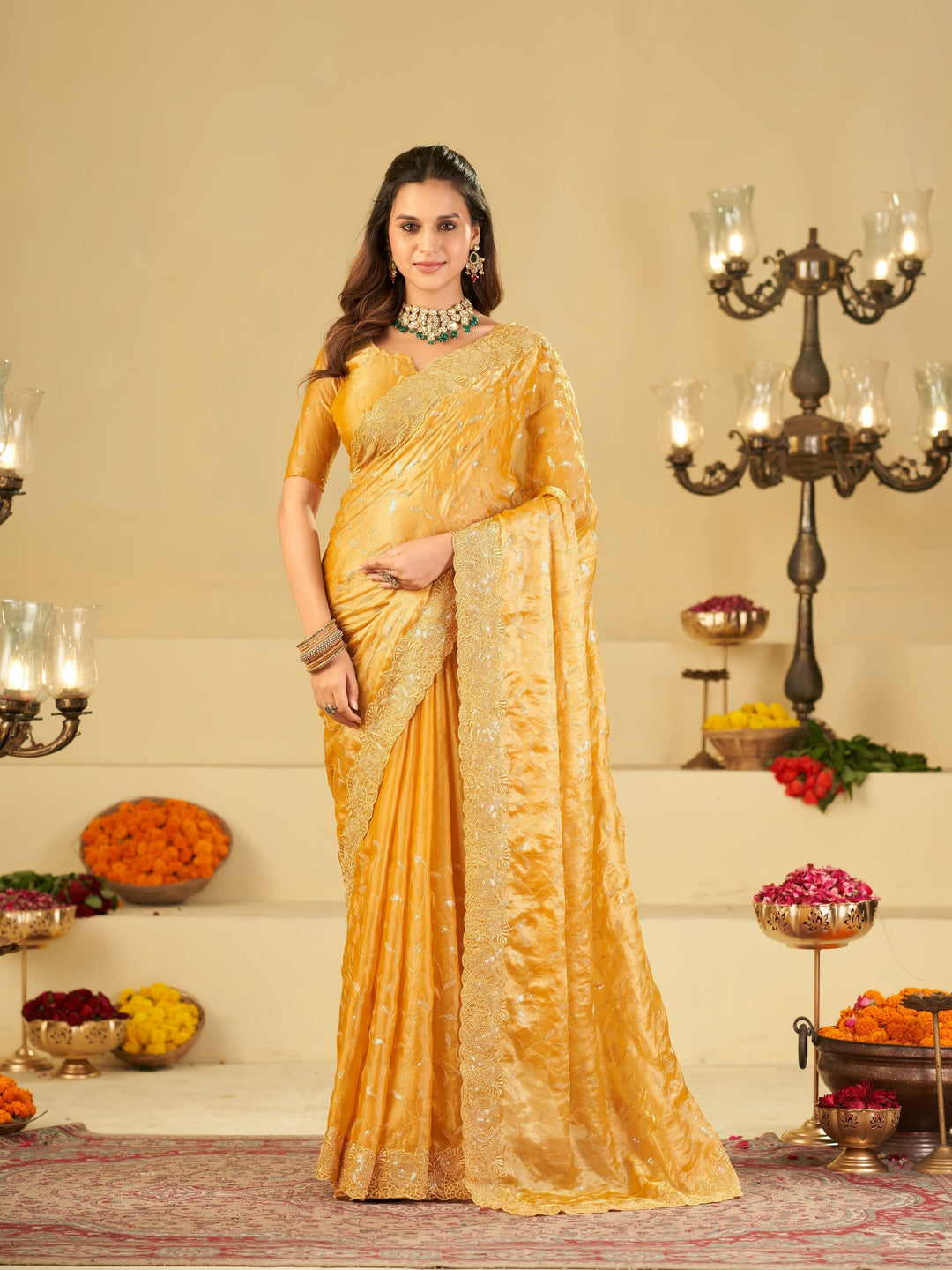 Mustard Yellow Designer Fendy Satin Saree with Heavy Embroidered Border | Premium Festive Party Wear Saree with Blouse