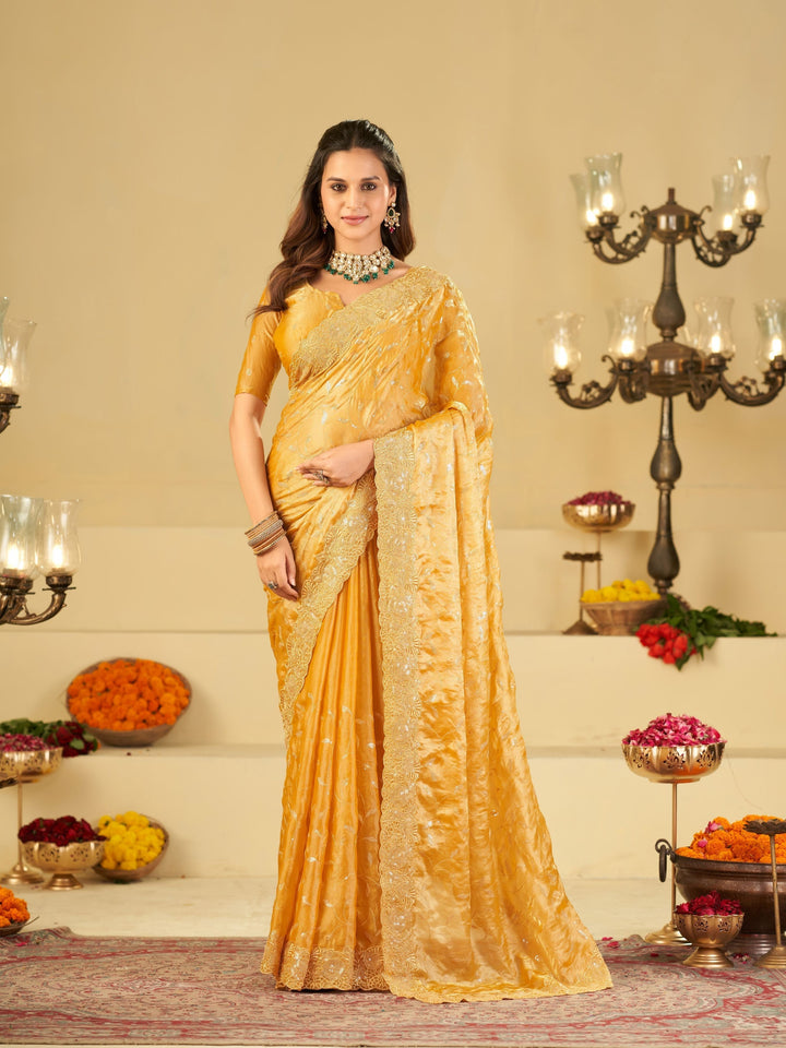 Mustard Yellow Designer Fendy Satin Saree with Heavy Embroidered Border | Premium Festive Party Wear Saree with Blouse