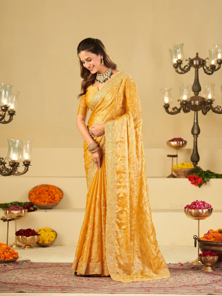 Mustard Yellow Designer Fendy Satin Saree with Heavy Embroidered Border | Premium Festive Party Wear Saree with Blouse