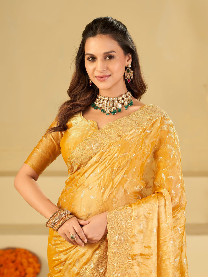 Mustard Yellow Designer Fendy Satin Saree with Heavy Embroidered Border | Premium Festive Party Wear Saree with Blouse