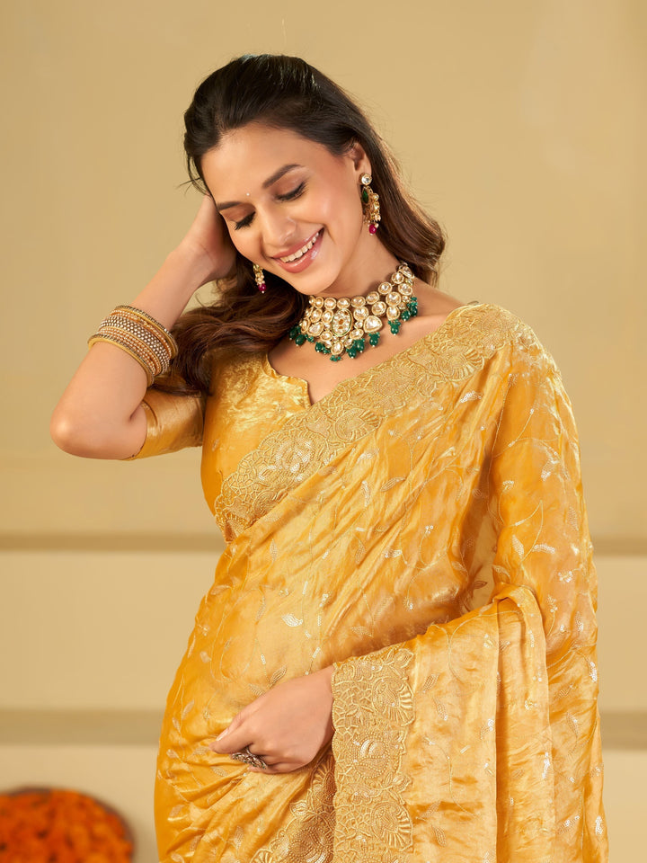 Mustard Yellow Designer Fendy Satin Saree with Heavy Embroidered Border | Premium Festive Party Wear Saree with Blouse