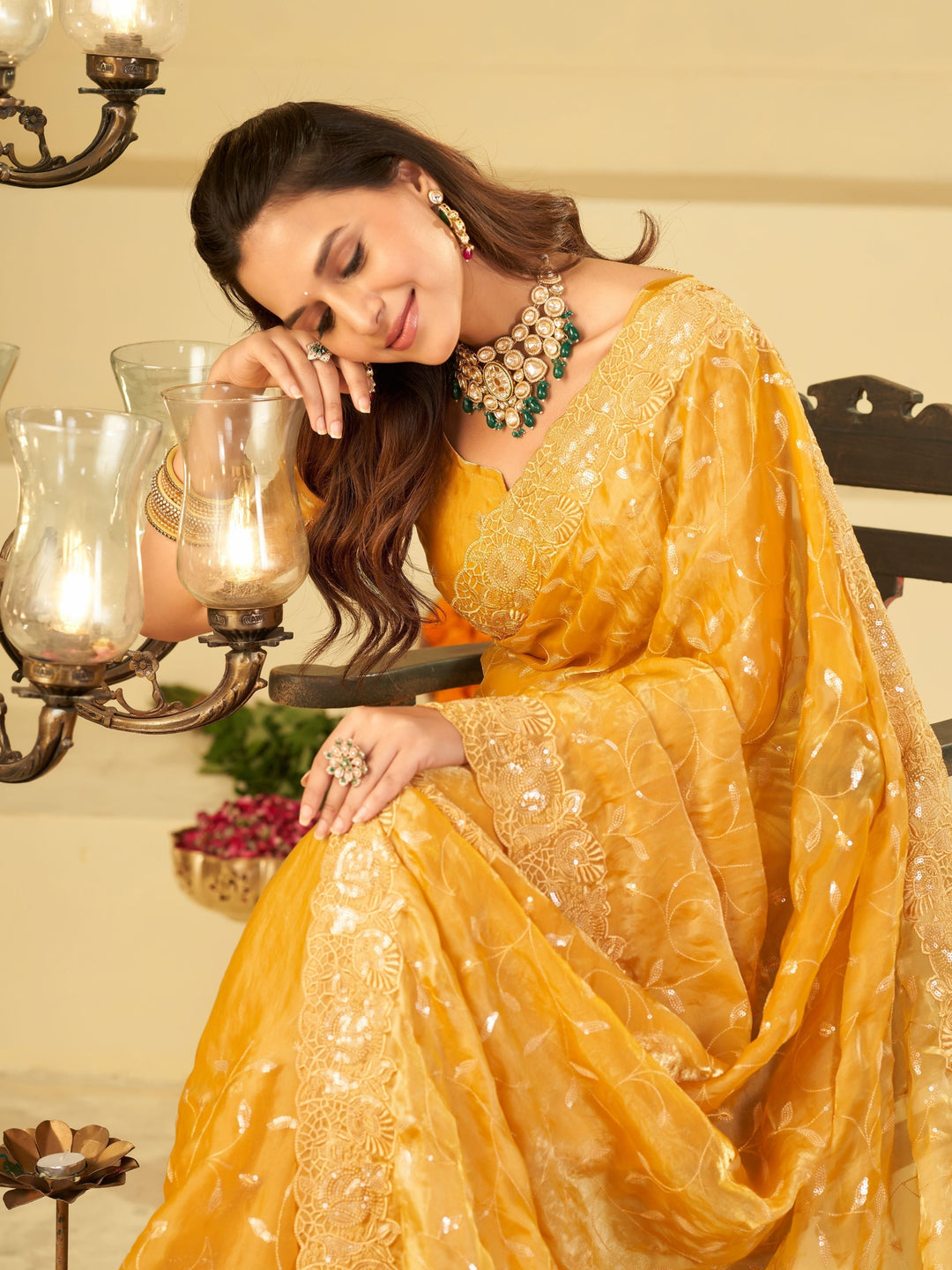 Mustard Yellow Designer Fendy Satin Saree with Heavy Embroidered Border | Premium Festive Party Wear Saree with Blouse