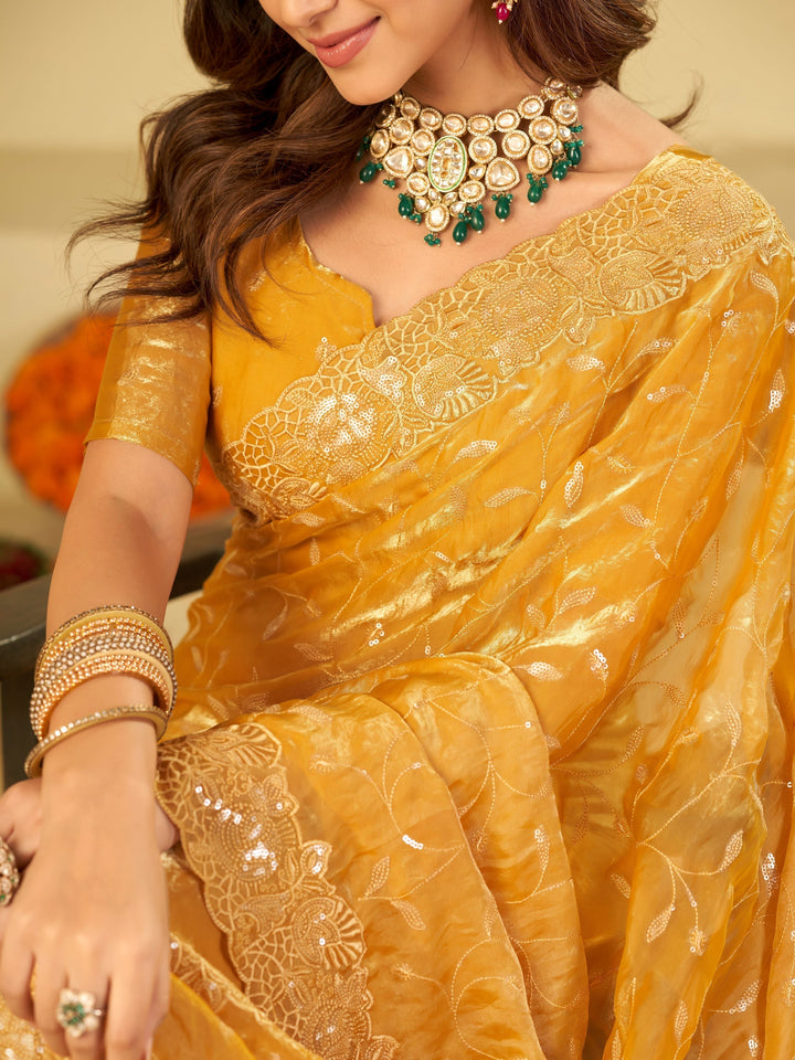 Mustard Yellow Designer Fendy Satin Saree with Heavy Embroidered Border | Premium Festive Party Wear Saree with Blouse