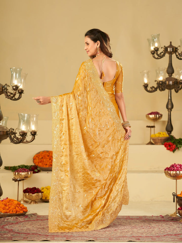 Mustard Yellow Designer Fendy Satin Saree with Heavy Embroidered Border | Premium Festive Party Wear Saree with Blouse