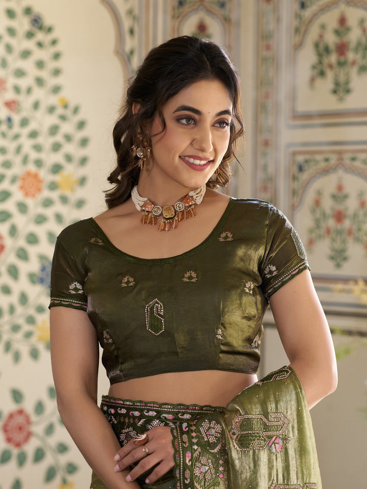 Olive Green Fendy Satin Embroidered Saree with Geometric & Floral Motifs | Designer Zari Border Saree with Tassels & Heavy Embroidered Blouse