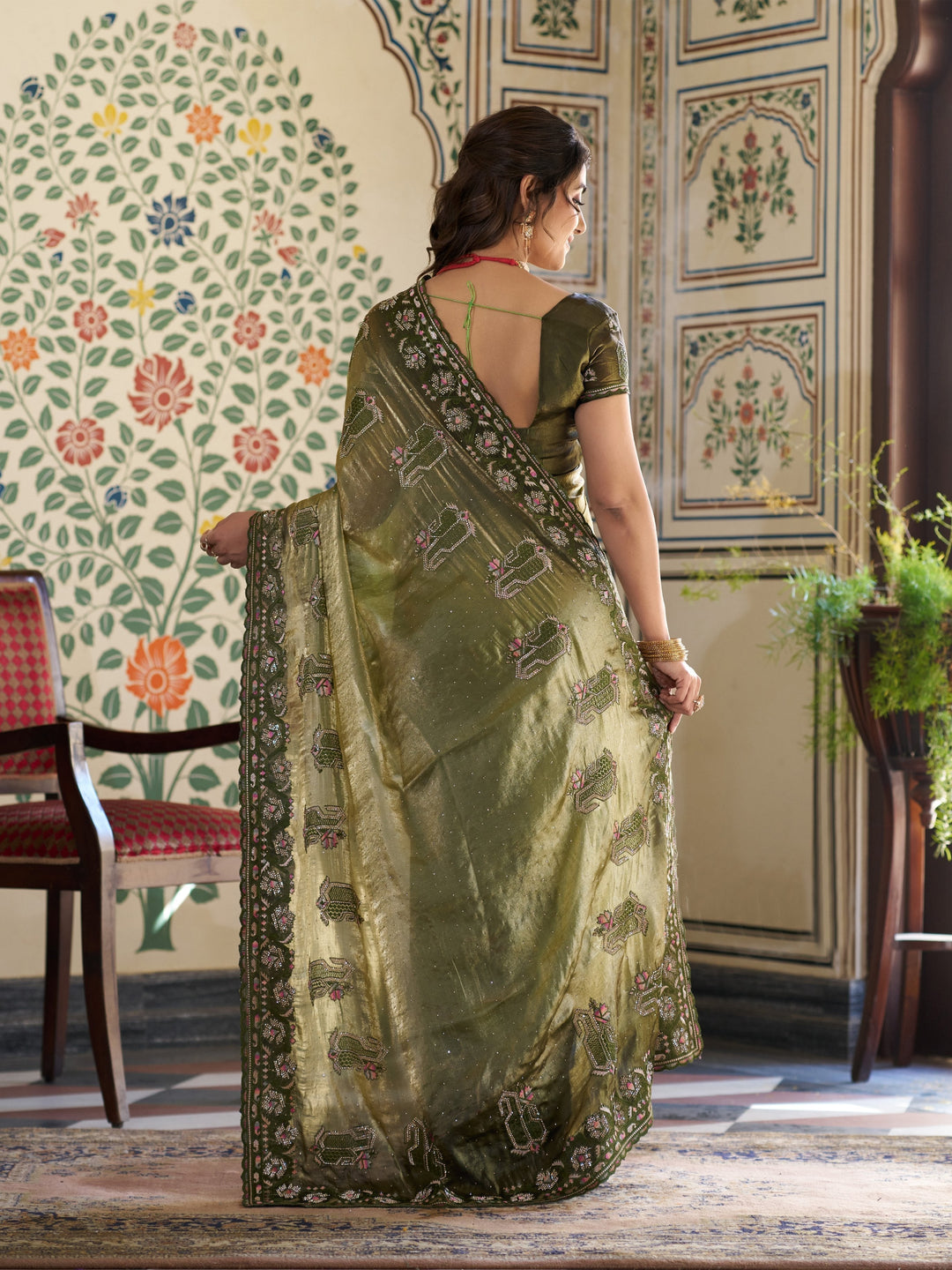 Olive Green Fendy Satin Embroidered Saree with Geometric & Floral Motifs | Designer Zari Border Saree with Tassels & Heavy Embroidered Blouse