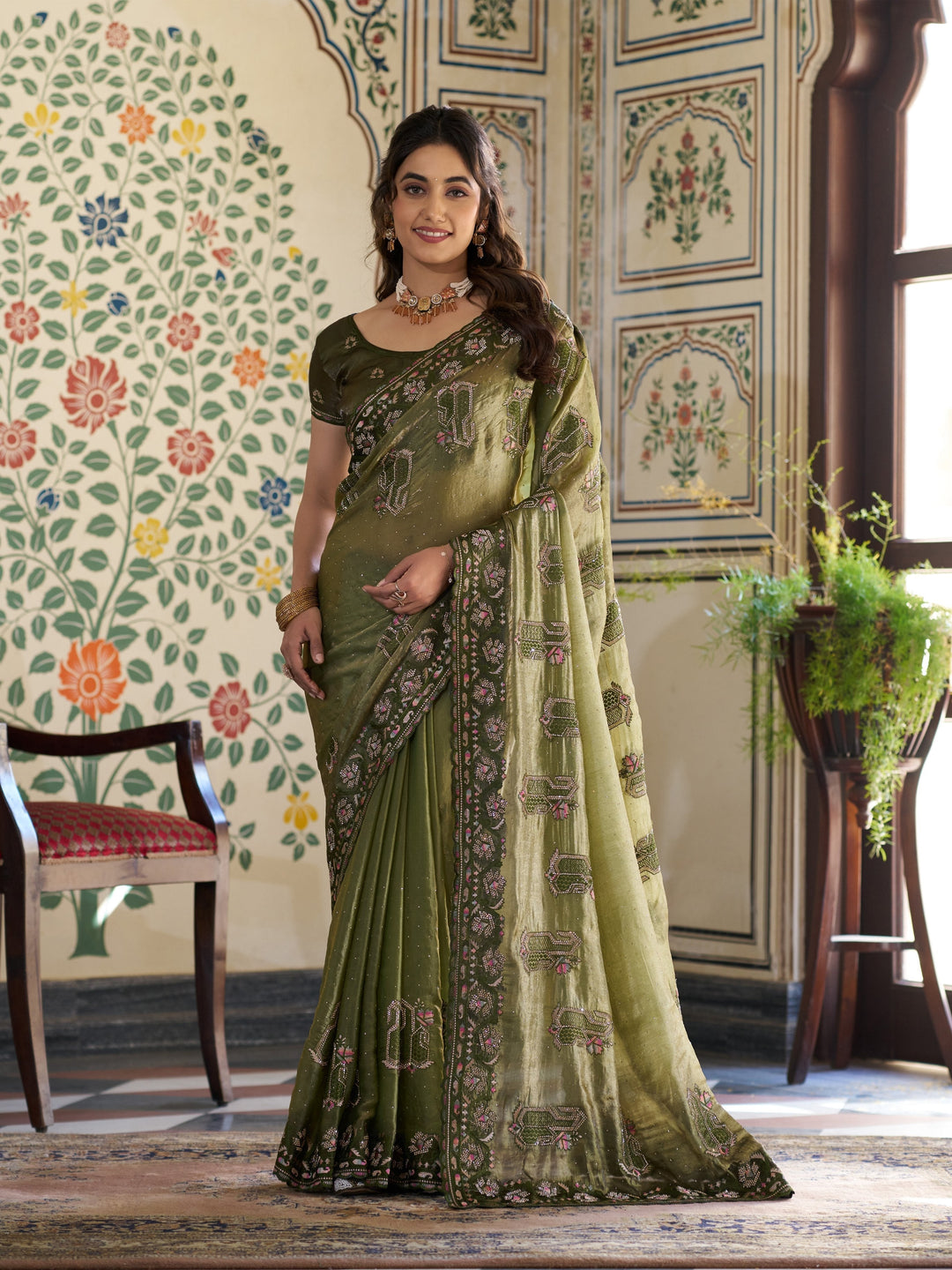 Olive Green Fendy Satin Embroidered Saree with Geometric & Floral Motifs | Designer Zari Border Saree with Tassels & Heavy Embroidered Blouse