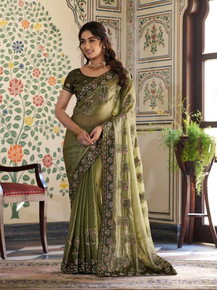 Olive Green Fendy Satin Embroidered Saree with Geometric & Floral Motifs | Designer Zari Border Saree with Tassels & Heavy Embroidered Blouse