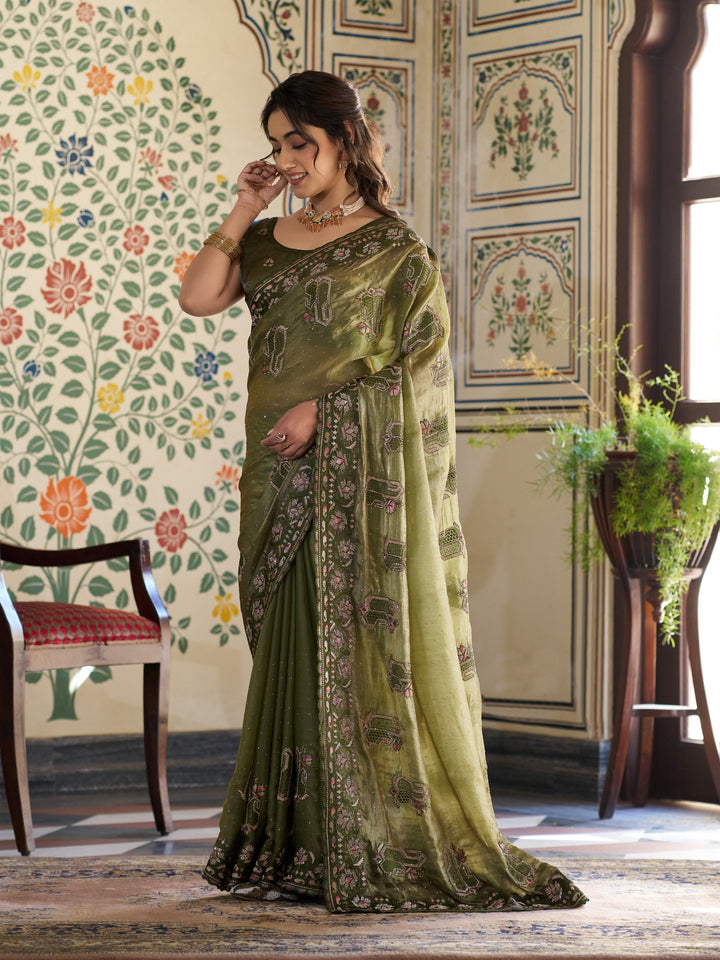 Olive Green Fendy Satin Embroidered Saree with Geometric & Floral Motifs | Designer Zari Border Saree with Tassels & Heavy Embroidered Blouse