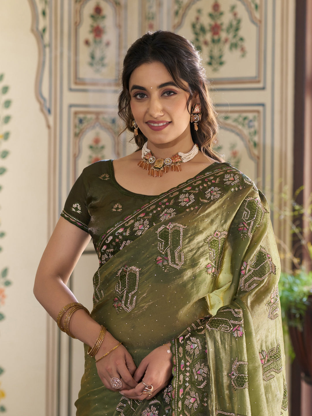 Olive Green Fendy Satin Embroidered Saree with Geometric & Floral Motifs | Designer Zari Border Saree with Tassels & Heavy Embroidered Blouse