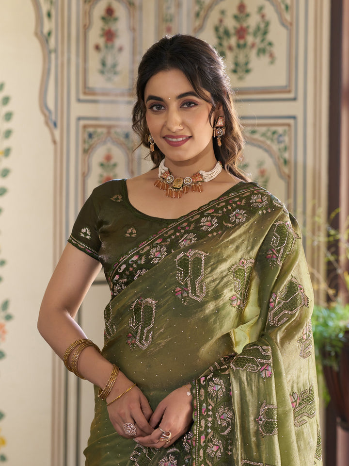 Olive Green Fendy Satin Embroidered Saree with Geometric & Floral Motifs | Designer Zari Border Saree with Tassels & Heavy Embroidered Blouse