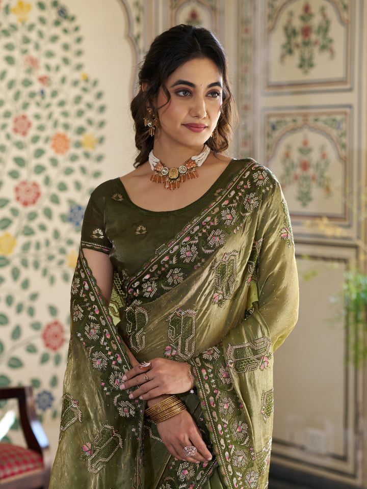 Olive Green Fendy Satin Embroidered Saree with Geometric & Floral Motifs | Designer Zari Border Saree with Tassels & Heavy Embroidered Blouse
