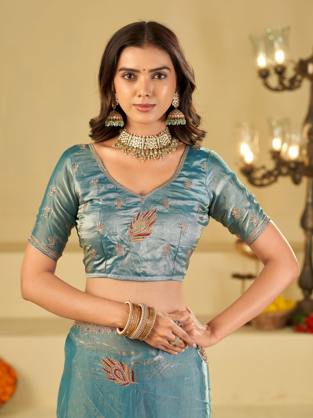 Sky Blue Designer Fendy Satin Saree with Embroidered Leaf Motifs & Heavy Lace Border | Elegant Festive Party Wear Saree with Matching Blouse
