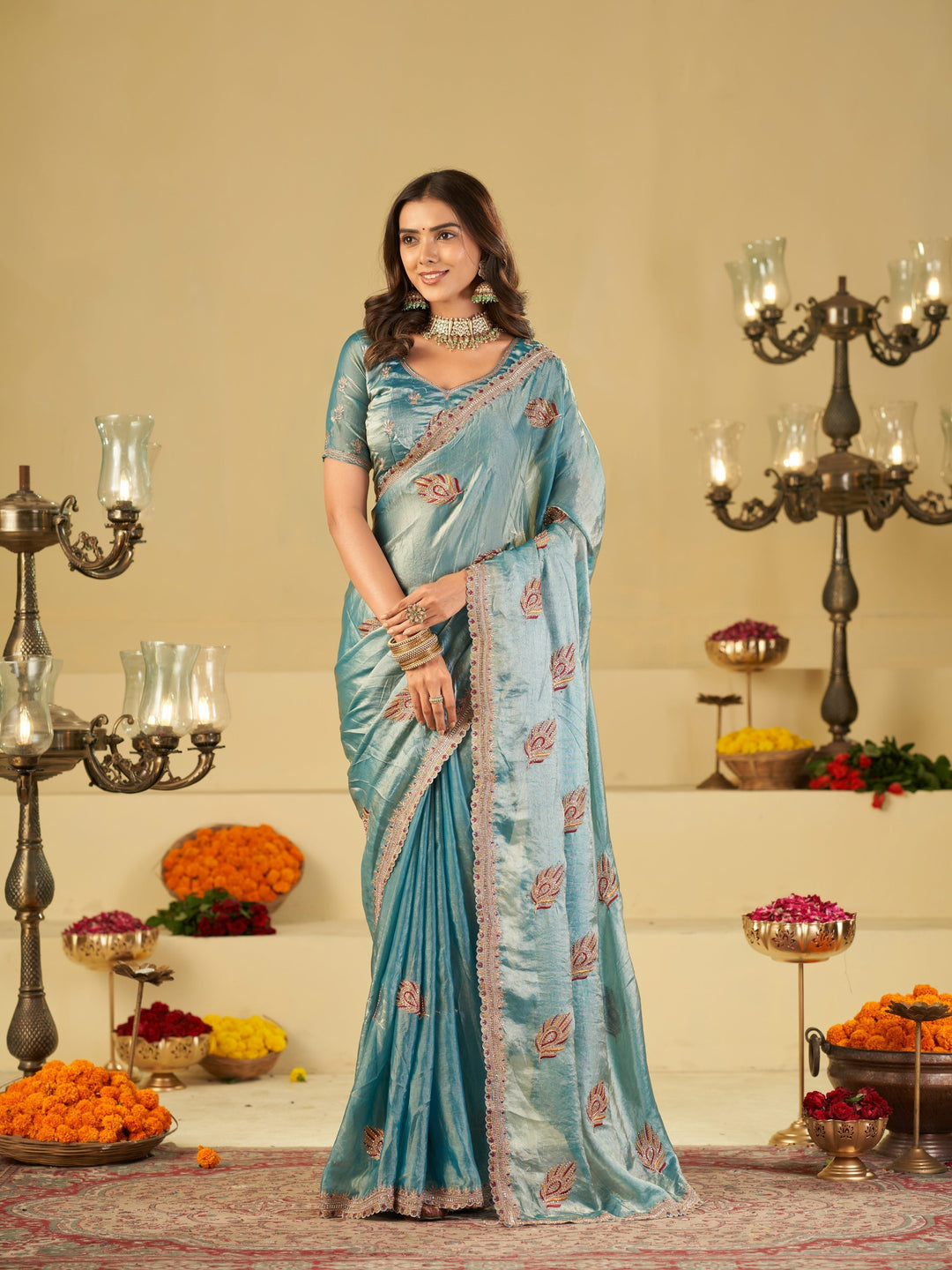 Sky Blue Designer Fendy Satin Saree with Embroidered Leaf Motifs & Heavy Lace Border | Elegant Festive Party Wear Saree with Matching Blouse