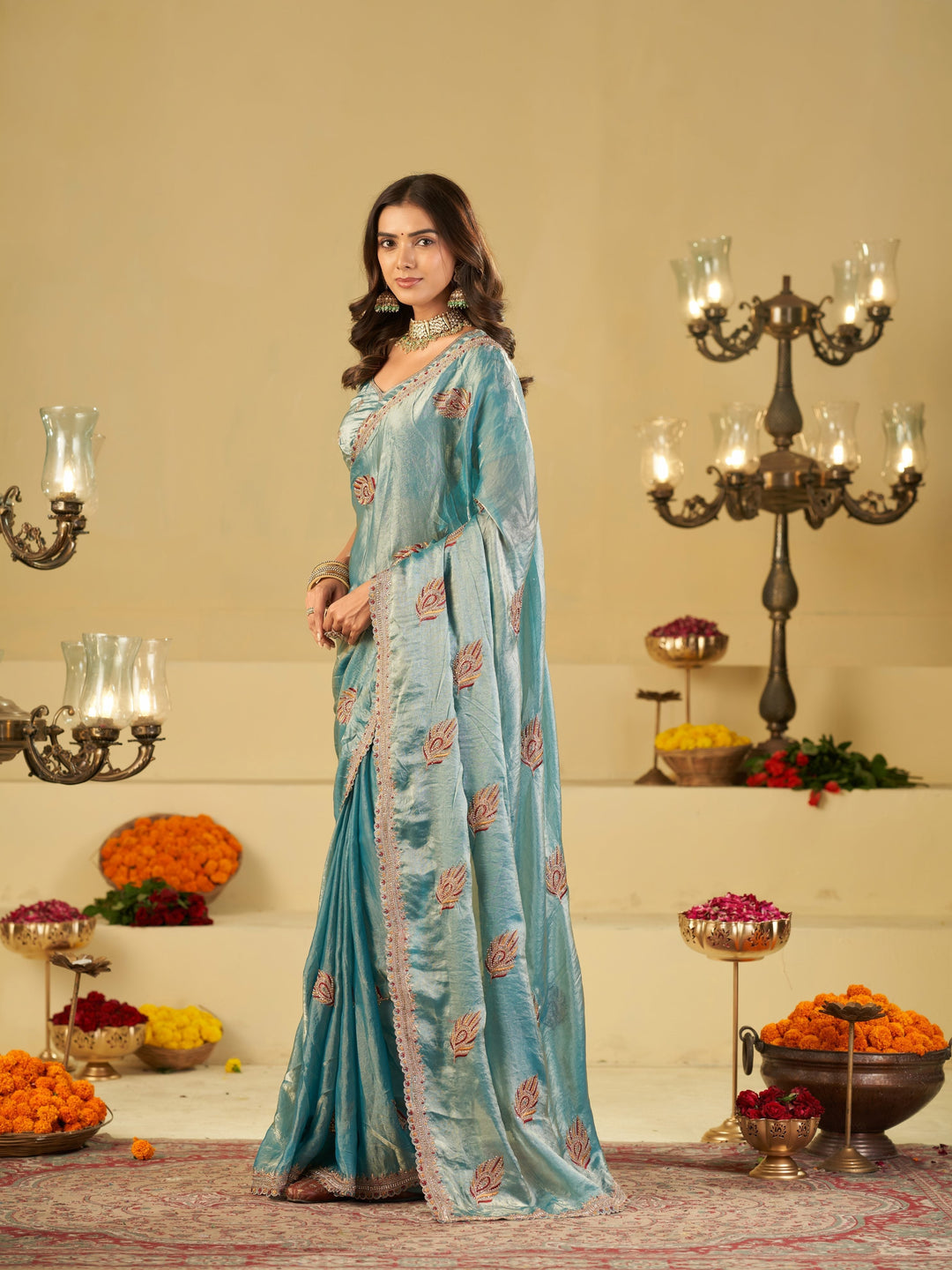 Sky Blue Designer Fendy Satin Saree with Embroidered Leaf Motifs & Heavy Lace Border | Elegant Festive Party Wear Saree with Matching Blouse