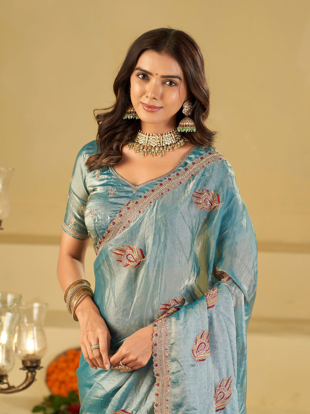 Sky Blue Designer Fendy Satin Saree with Embroidered Leaf Motifs & Heavy Lace Border | Elegant Festive Party Wear Saree with Matching Blouse