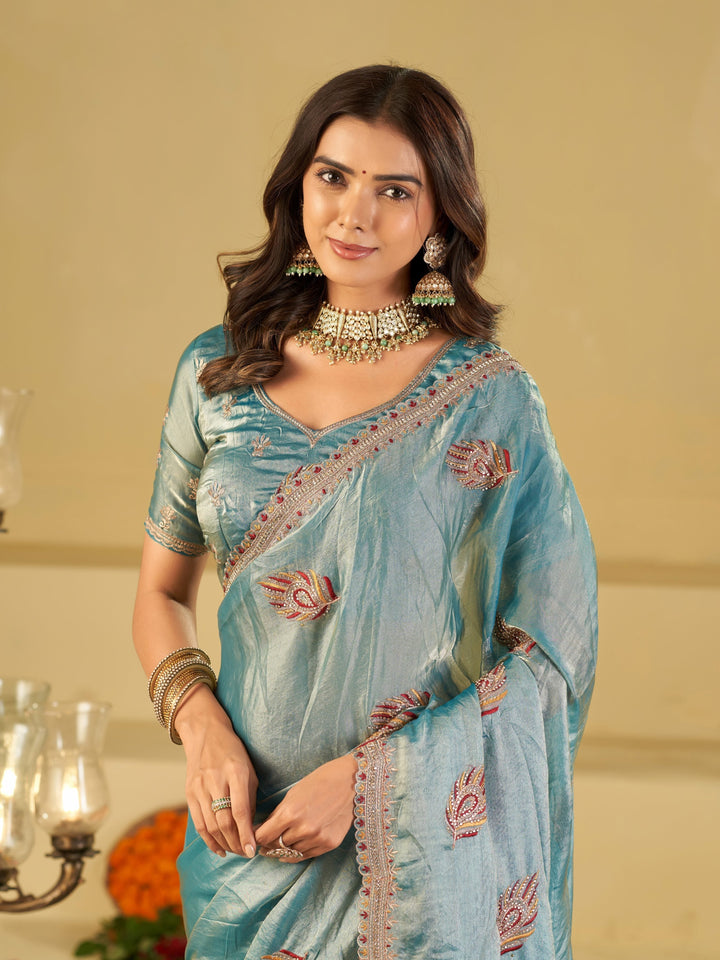 Sky Blue Designer Fendy Satin Saree with Embroidered Leaf Motifs & Heavy Lace Border | Elegant Festive Party Wear Saree with Matching Blouse