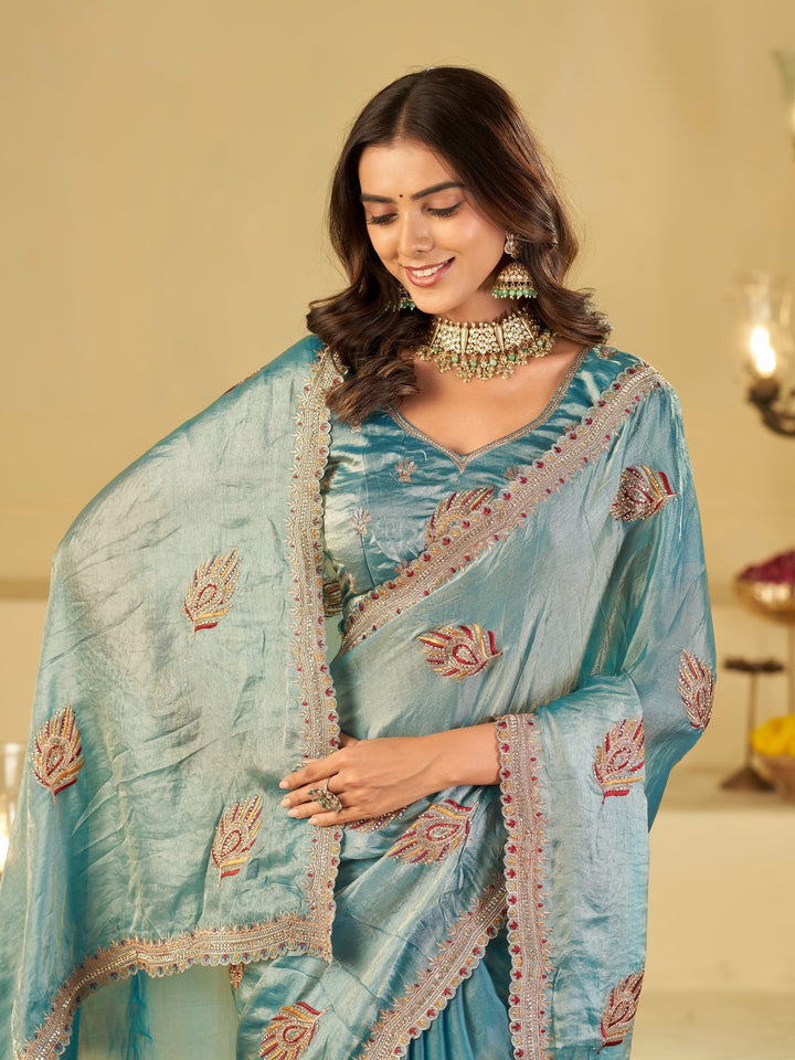 Sky Blue Designer Fendy Satin Saree with Embroidered Leaf Motifs & Heavy Lace Border | Elegant Festive Party Wear Saree with Matching Blouse
