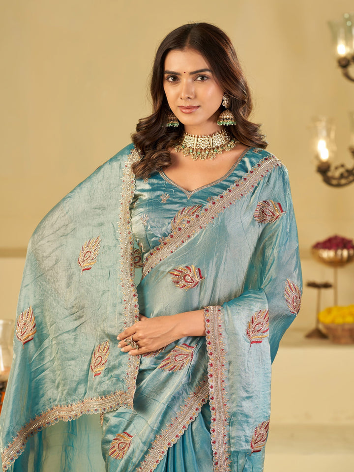 Sky Blue Designer Fendy Satin Saree with Embroidered Leaf Motifs & Heavy Lace Border | Elegant Festive Party Wear Saree with Matching Blouse