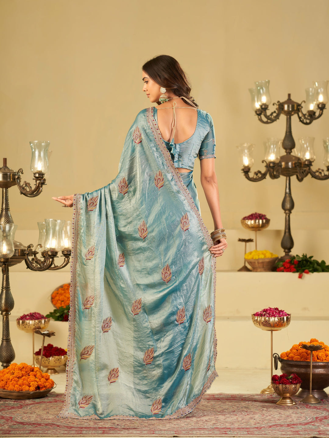 Sky Blue Designer Fendy Satin Saree with Embroidered Leaf Motifs & Heavy Lace Border | Elegant Festive Party Wear Saree with Matching Blouse