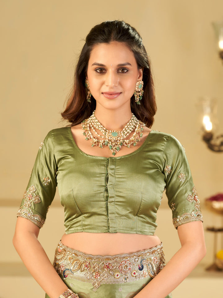 Sage Green Banarasi Silk Saree with Heavy Embroidered Scallop Border & Rich Zari Woven Pallu | Designer Wedding Festive Saree