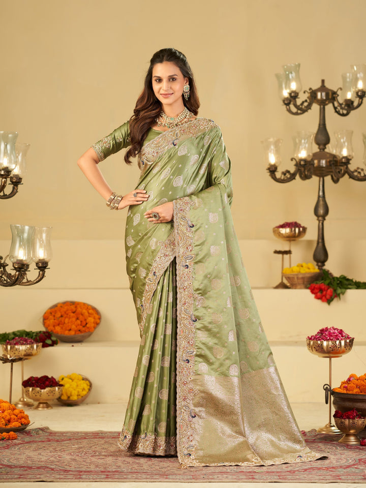 Sage Green Banarasi Silk Saree with Heavy Embroidered Scallop Border & Rich Zari Woven Pallu | Designer Wedding Festive Saree