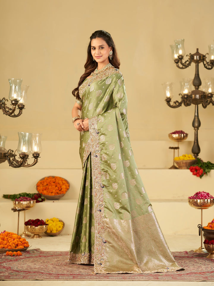 Sage Green Banarasi Silk Saree with Heavy Embroidered Scallop Border & Rich Zari Woven Pallu | Designer Wedding Festive Saree