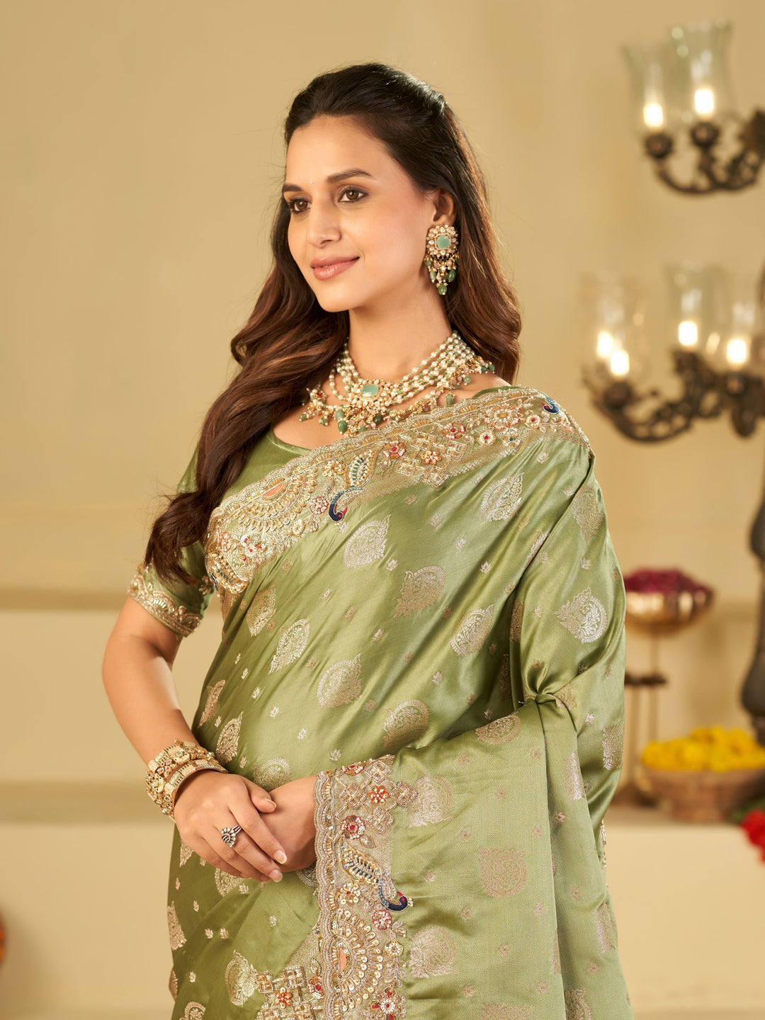 Sage Green Banarasi Silk Saree with Heavy Embroidered Scallop Border & Rich Zari Woven Pallu | Designer Wedding Festive Saree