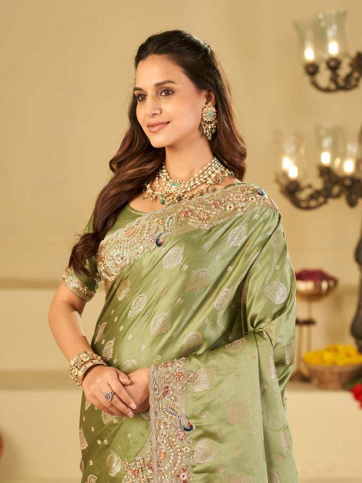 Sage Green Banarasi Silk Saree with Heavy Embroidered Scallop Border & Rich Zari Woven Pallu | Designer Wedding Festive Saree