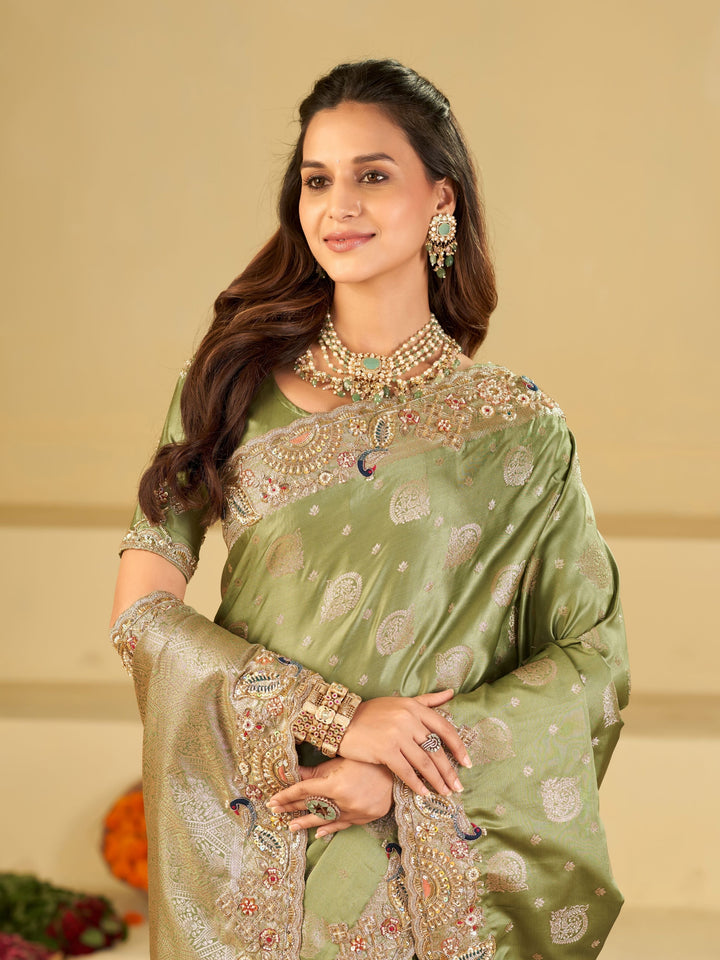 Sage Green Banarasi Silk Saree with Heavy Embroidered Scallop Border & Rich Zari Woven Pallu | Designer Wedding Festive Saree
