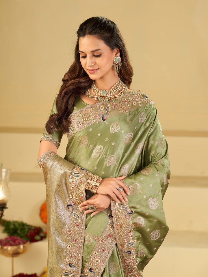 Sage Green Banarasi Silk Saree with Heavy Embroidered Scallop Border & Rich Zari Woven Pallu | Designer Wedding Festive Saree