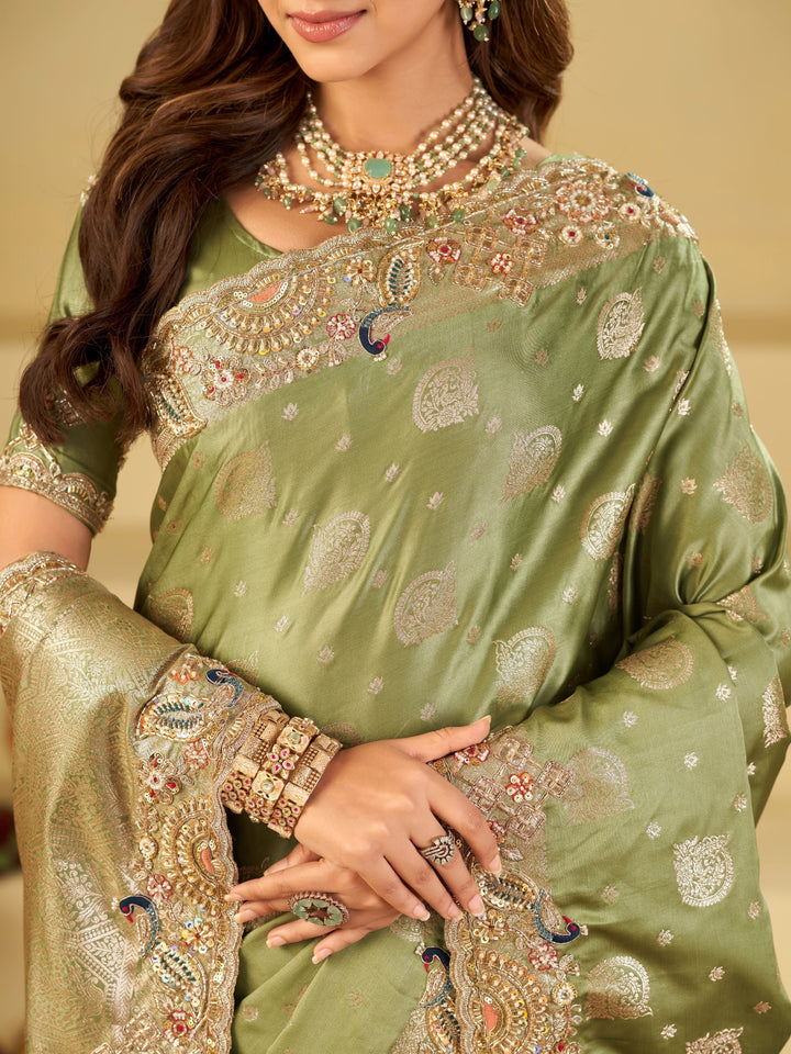 Sage Green Banarasi Silk Saree with Heavy Embroidered Scallop Border & Rich Zari Woven Pallu | Designer Wedding Festive Saree