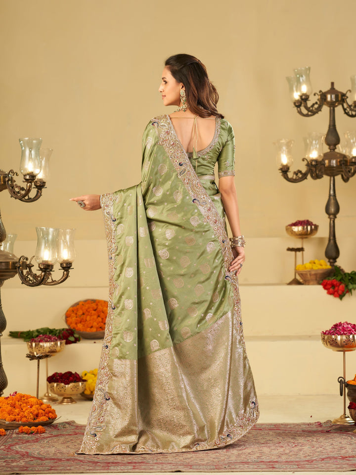 Sage Green Banarasi Silk Saree with Heavy Embroidered Scallop Border & Rich Zari Woven Pallu | Designer Wedding Festive Saree