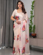 Blush Peach Satin Georgette Floral Printed Saree with Attached Blouse – Soft Pastel Designer Saree for Elegant & Festive Wear