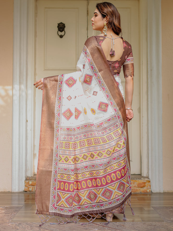 Ivory & Copper Brown Tribal Printed Saree with Rich Zari Border & Tassels – Ethnic Festive Wear
