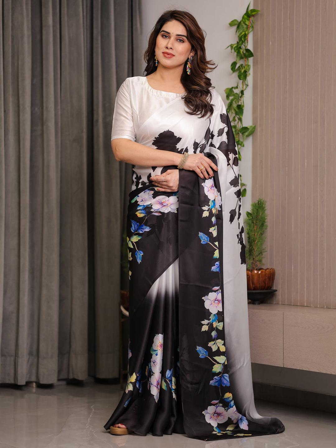 Ivory White & Black Satin Georgette Floral Printed Saree with Attached Blouse – Elegant Contrast Bloom Designer Drape