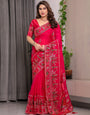 Royal Rani Pink Fendi Satin Peacock & Floral Block and Foil Printed Saree with Traditional Border, Tassel Edges & Attached Blouse