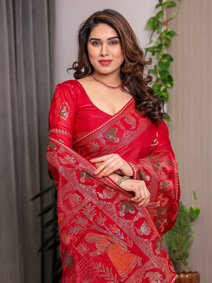 Classic Red Fendi Satin Peacock & Heritage Motif Block and Foil Printed Saree with Rich Border, Tassel Finish & Attached Blouse