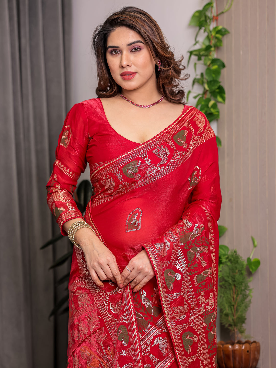 Classic Red Fendi Satin Peacock & Heritage Motif Block and Foil Printed Saree with Rich Border, Tassel Finish & Attached Blouse