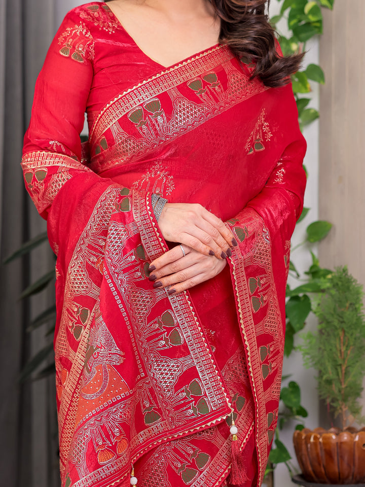 Crimson Red Fendi Satin Block & Foil Print Saree with Traditional Motif Border & Tassel Finish Blouse