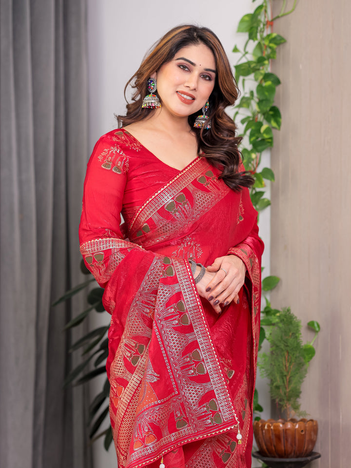 Crimson Red Fendi Satin Block & Foil Print Saree with Traditional Motif Border & Tassel Finish Blouse