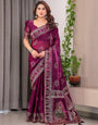 Wine Plum Fendi Satin Block & Foil Print Saree with Traditional Motif Border & Tassel Detail Blouse