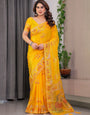 Mustard Yellow Fendi Satin Block & Foil Print Saree with Traditional Motif Border & Tassel Detail Blouse