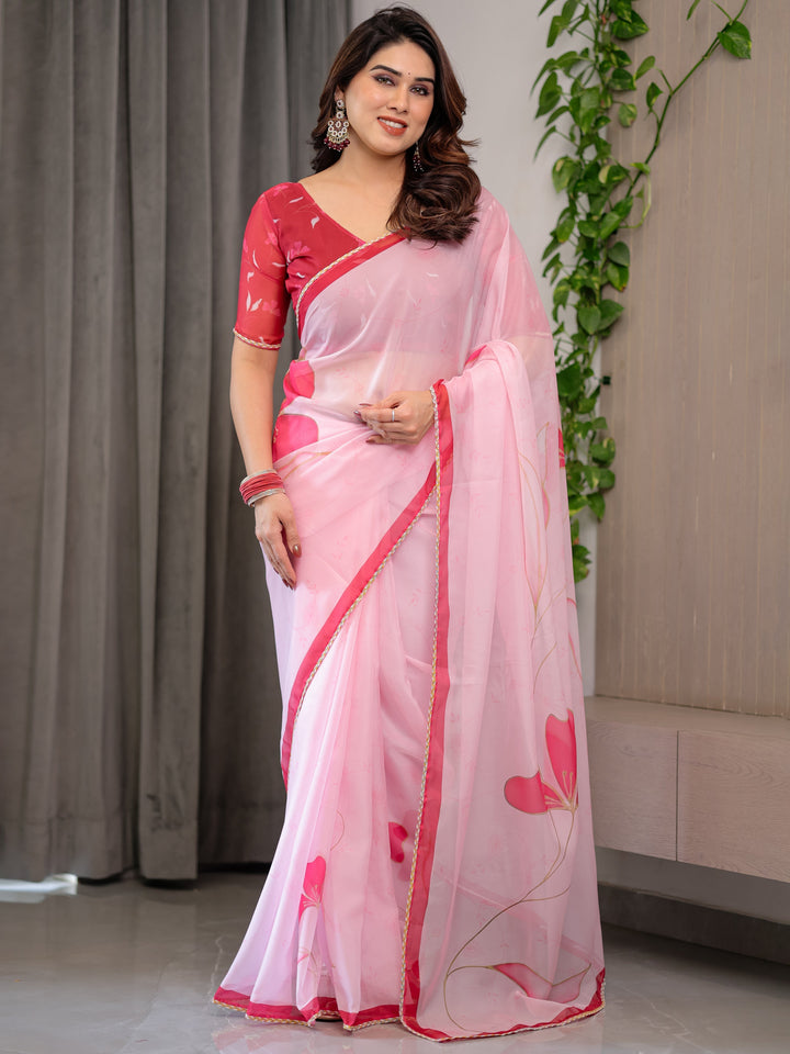 Blush Pink Floral Printed Organza Saree with Red Multicolour Lace Border | Lightweight Designer Organza Saree with Attached Blouse Piece | Elegant Festive & Party Wear Saree